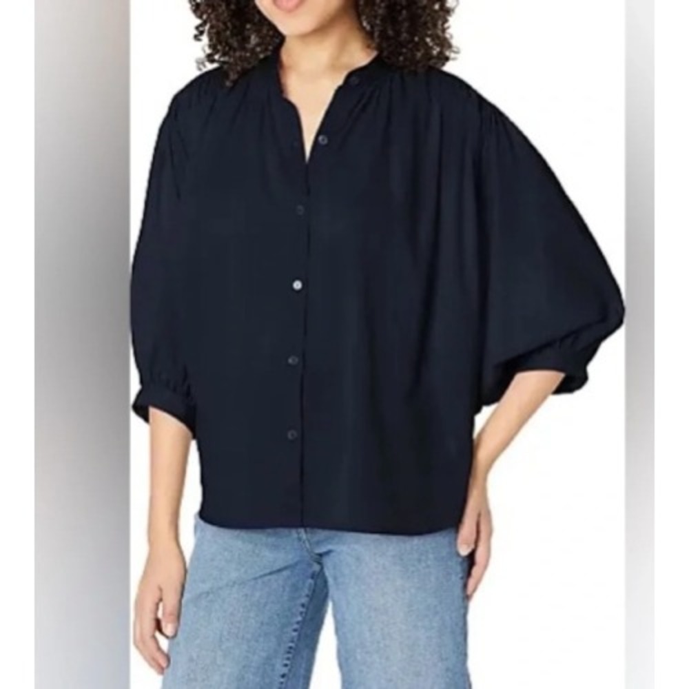 Rebecca Taylor Marine Top Boho Dolman Blouse Size M Navy Blue Puff Sleeve Button